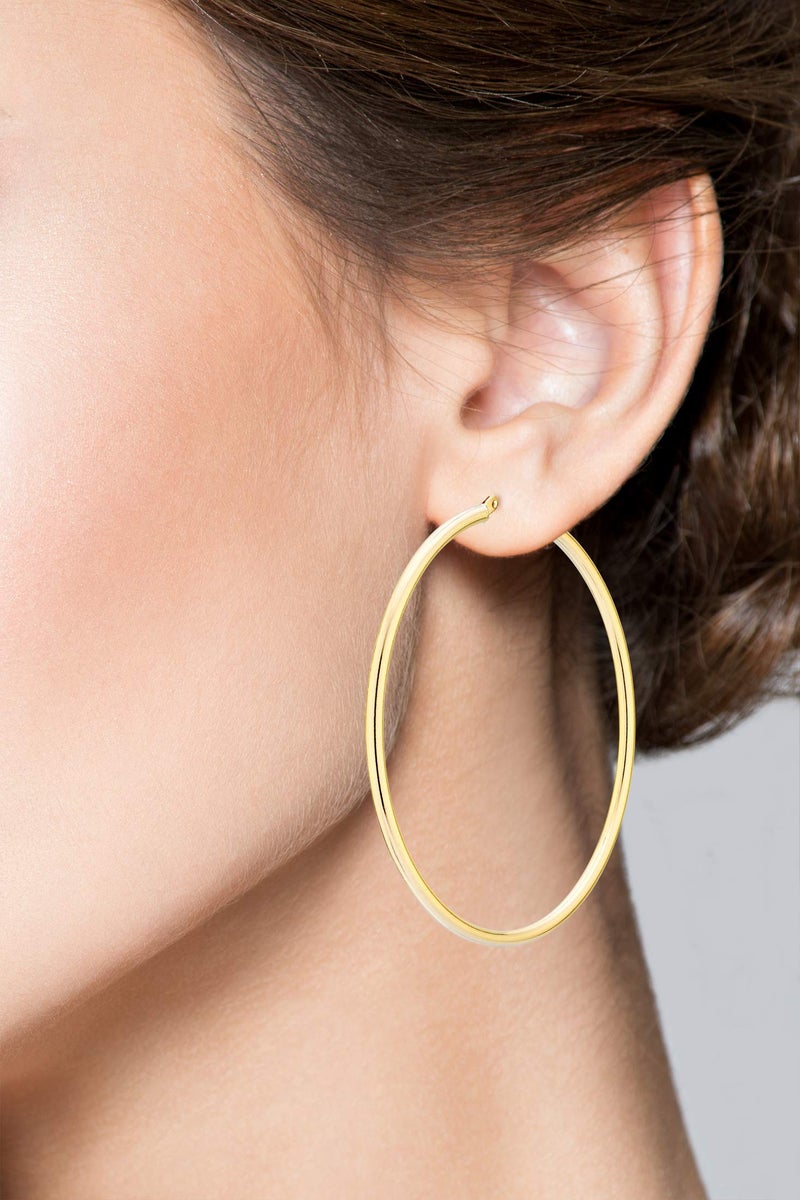 Miabella Italian 18K Gold Plated 925 Sterling Silver 2mm High Polished Round Tube Hoop Lightweight Earrings for Women Made in Italy (50mm) - Image 3