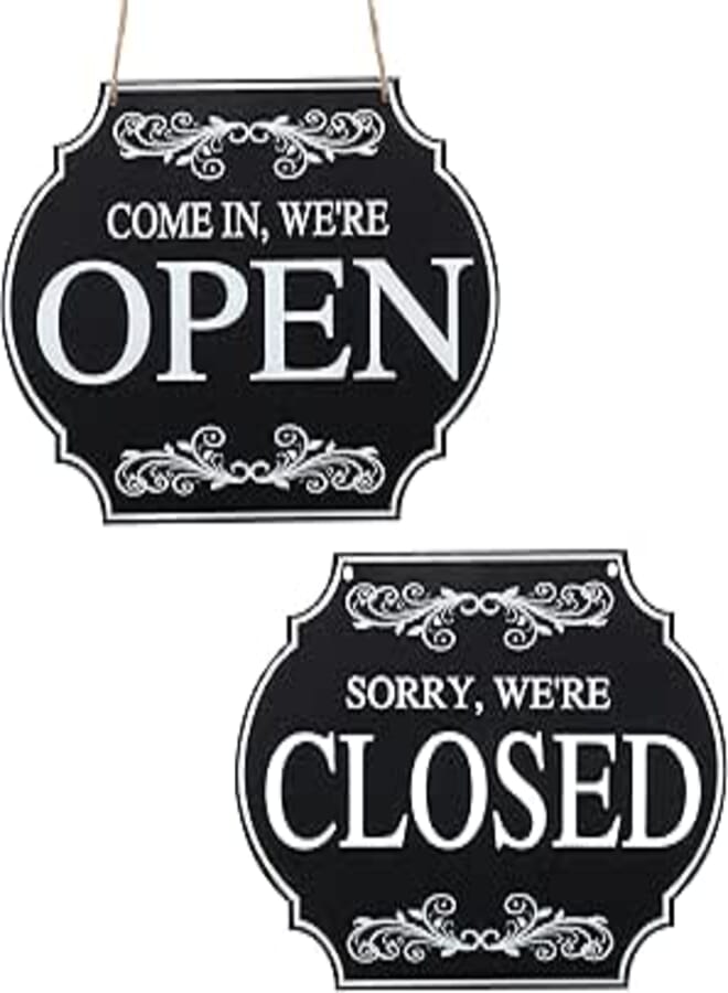 Blulu Rustic Wooden Store Open and Closed Business Sign Two Sided Reversible Come In We're Open or Closed Store Hanging Sign for Coffee Bar Shop Door Window, 11.8 x 7.8 Inch (Black Board, White Words)