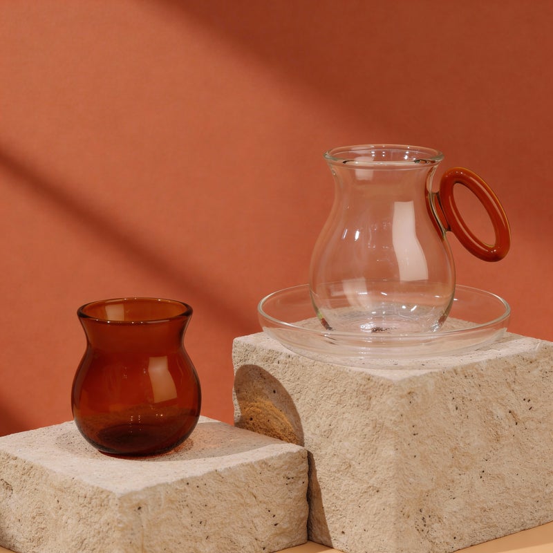 Classic Curved Glass Design with Colored Handle & Clear Saucer - Tea & Coffee Serving Set