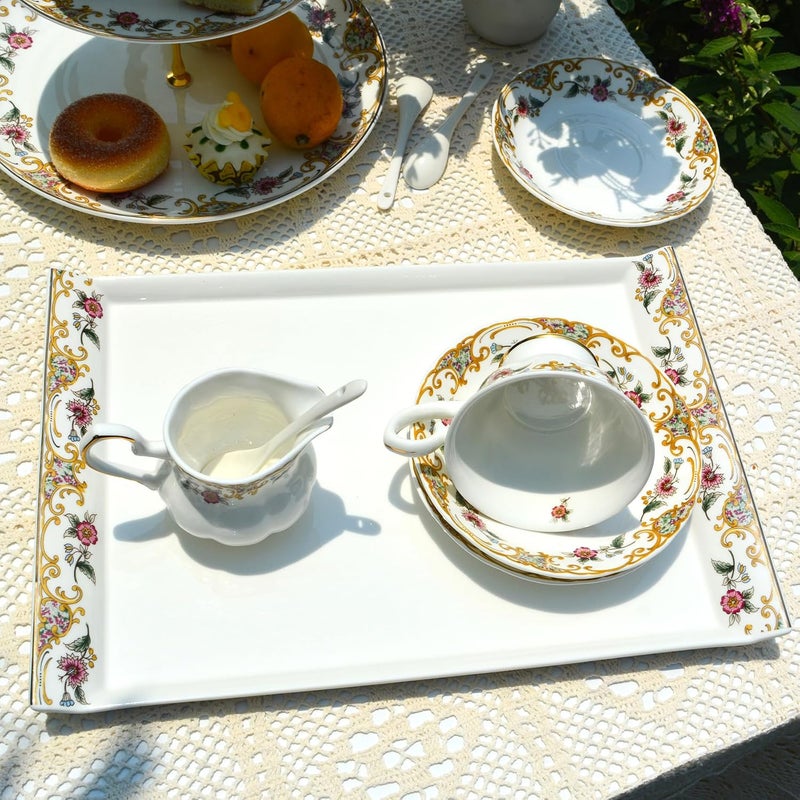 ACMLIFE Bone China Serving Platter 14 Inch White Rectangular Tray Elegant Floral Pattern Ideal for Tea Set Appetizers Fruit Veggies Desserts - Image 2
