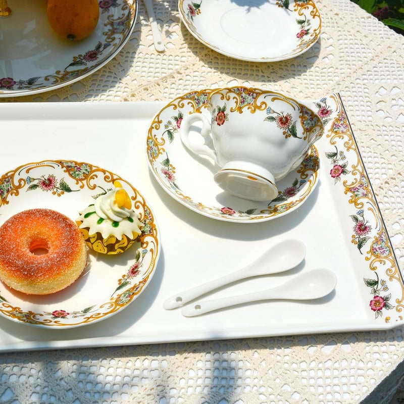 ACMLIFE Bone China Serving Platter 14 Inch White Rectangular Tray Elegant Floral Pattern Ideal for Tea Set Appetizers Fruit Veggies Desserts - Image 4