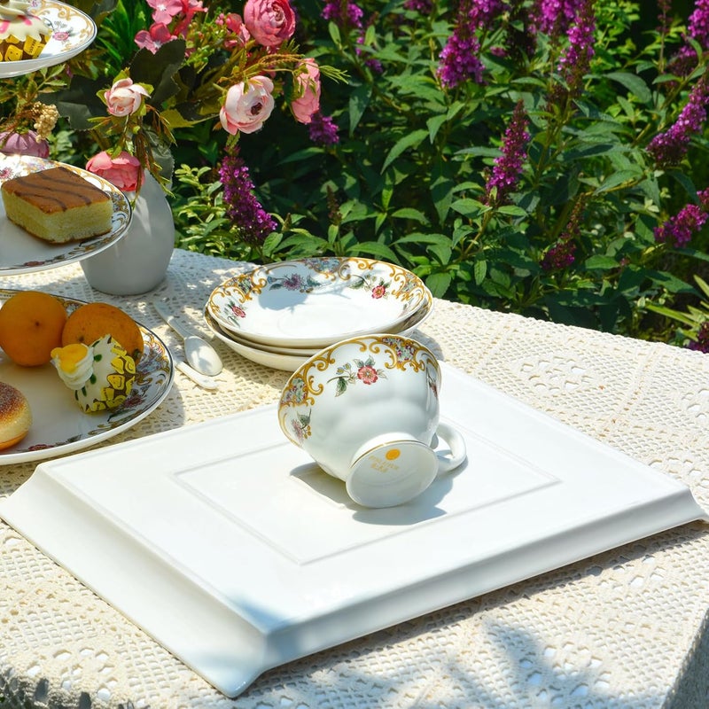 ACMLIFE Bone China Serving Platter 14 Inch White Rectangular Tray Elegant Floral Pattern Ideal for Tea Set Appetizers Fruit Veggies Desserts - Image 5