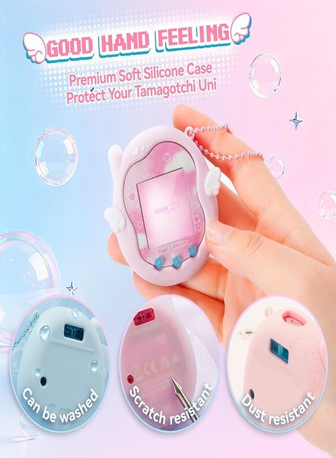 Kuitmor Cute Angel Whisper Silicone Case Compatible with Tamagotchi Uni, Full-Body Protective Cover with Decorative Stickers and Beaded Chain - Pink - Image 3