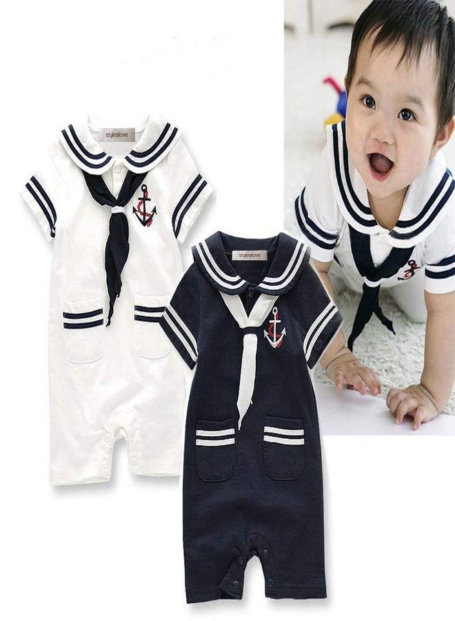 stylesilove Baby Boys Marine Sailor Short Sleeve Cotton Romper Onesie with Necktie 2pcs Holiday Outfit (Navy Blue, 24 Months) - Image 5