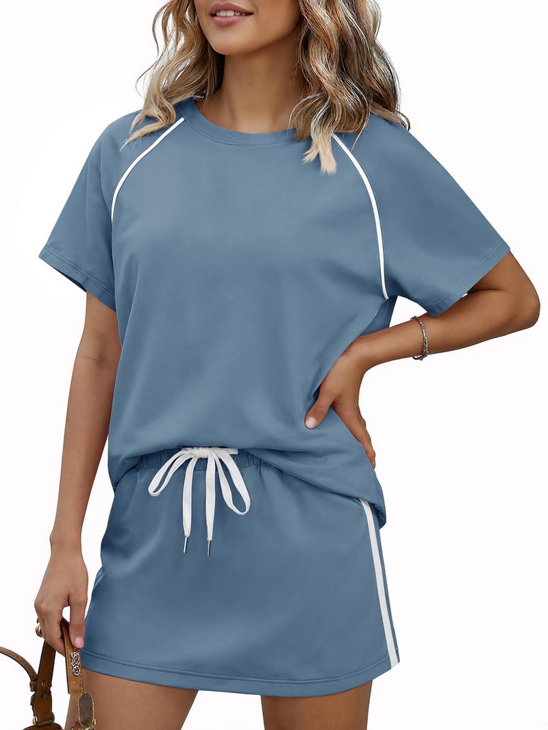 Yousify Womens 2 Piece Skirt Sets Summer Short Sleeve Tops and Tennis Skort Lounge Set Vacation Workout Matching Outfits - Image 3