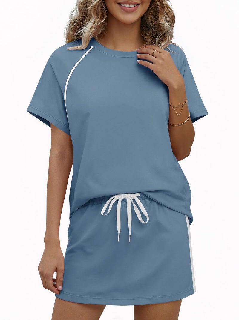 Yousify Womens 2 Piece Skirt Sets Summer Short Sleeve Tops and Tennis Skort Lounge Set Vacation Workout Matching Outfits - Image 2