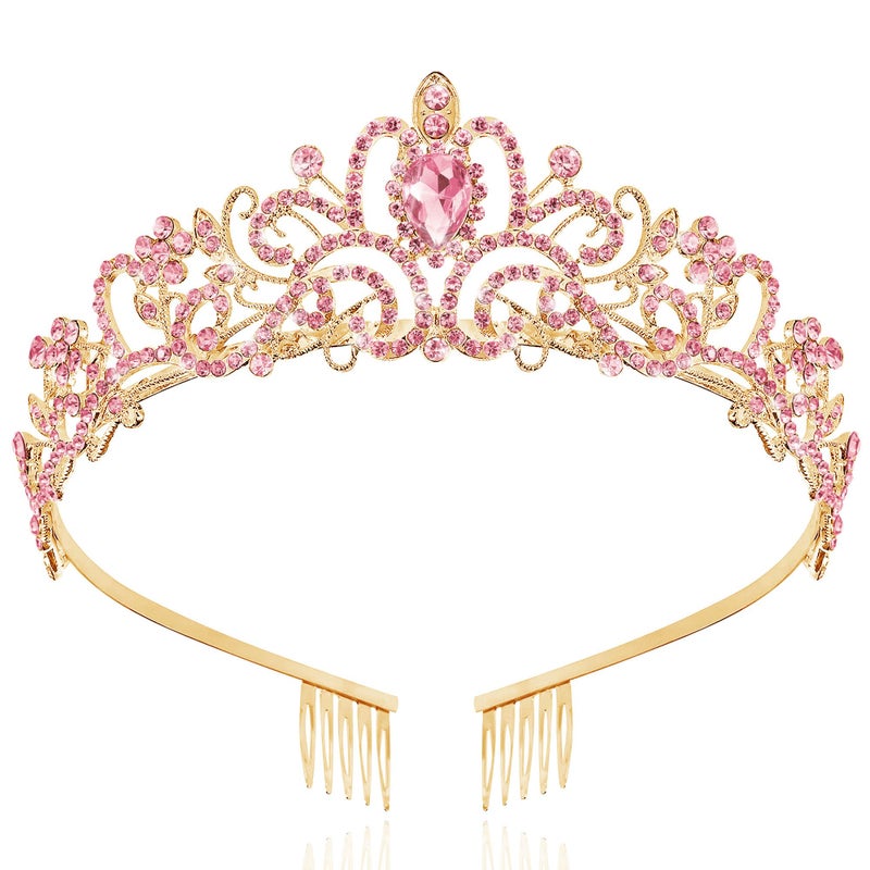 TAROSE Gold and Pink Crowns for Women, Queen Crystal Tiaras with Pink Rhinestone and Combs, Goddess Crown for Wedding Bride Birthday Princess Bridal Shower Hair Accessories for Women - Image 1