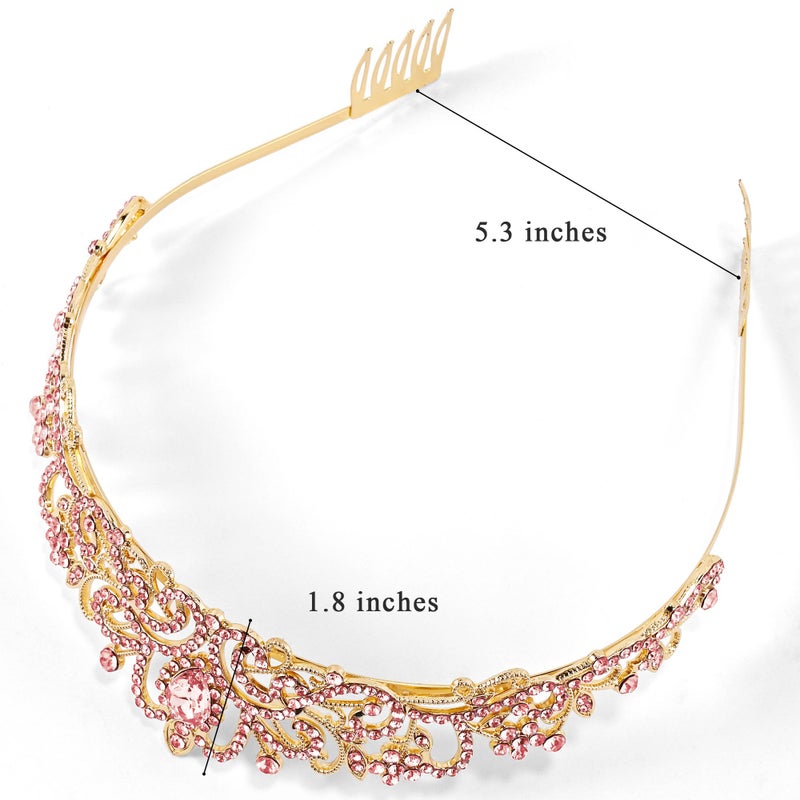 TAROSE Gold and Pink Crowns for Women, Queen Crystal Tiaras with Pink Rhinestone and Combs, Goddess Crown for Wedding Bride Birthday Princess Bridal Shower Hair Accessories for Women - Image 2