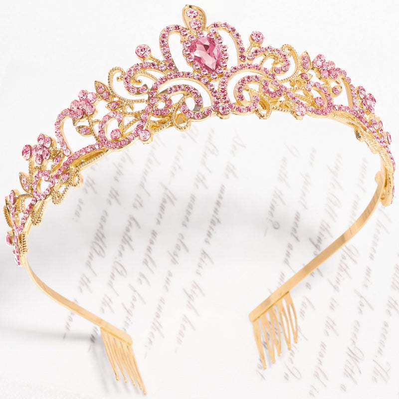TAROSE Gold and Pink Crowns for Women, Queen Crystal Tiaras with Pink Rhinestone and Combs, Goddess Crown for Wedding Bride Birthday Princess Bridal Shower Hair Accessories for Women - Image 3