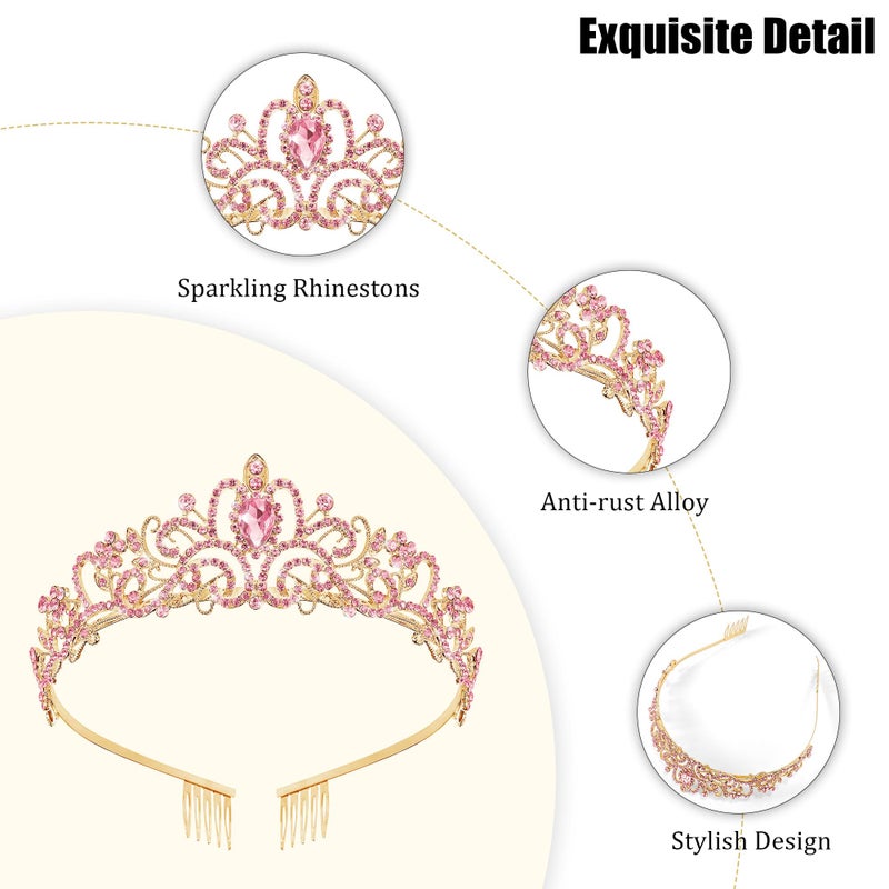 TAROSE Gold and Pink Crowns for Women, Queen Crystal Tiaras with Pink Rhinestone and Combs, Goddess Crown for Wedding Bride Birthday Princess Bridal Shower Hair Accessories for Women - Image 4