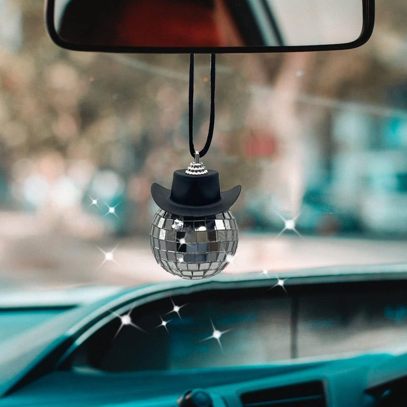 spansee Black Disco Ball Cowboy Hat Car Accessory Mirror Ornament Interior Accessories