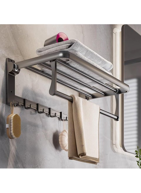 Towel Rack with Towel Bar Holder Foldable Towel Shelf with Movable Hooks Rustproof Towel Storage Wall Mount for Bathroom Lavatory Matte Black