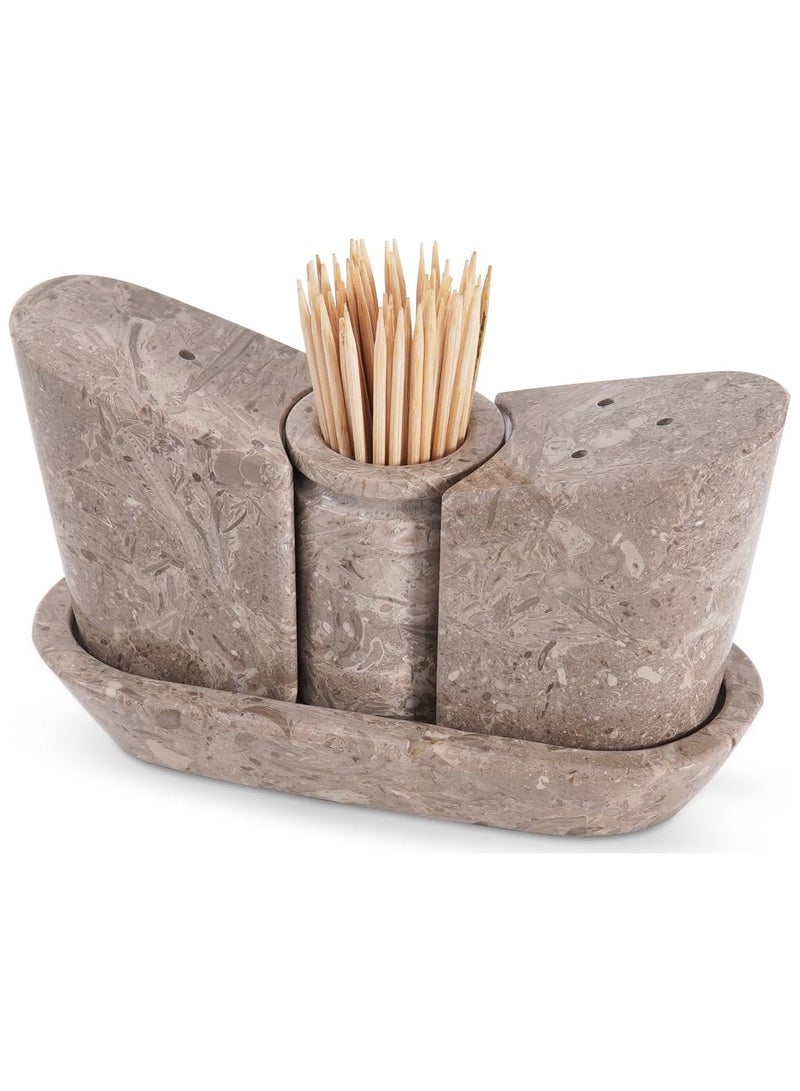 SPESHSTONES Marble Salt and Pepper Shakers Set With Tray 2.5 Inch Oceanic Stone Flaky Salt Cellar for Kitchen Table Decor Modern Spice Jars, Sugar Bowl and Seasoning Storage Containers - Image 1