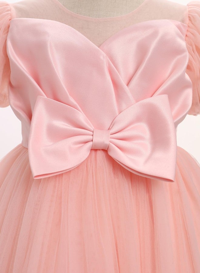 OBEEII Girls Birthday Tulle Dress Toddler Pageant Party Gown Formal Baptism Tutu Dress Short Puff Sleeve Cake Smash Photoshoot Outfit Wedding Elegant First Christening Mesh Dress Pink 3-4 Years - Image 4