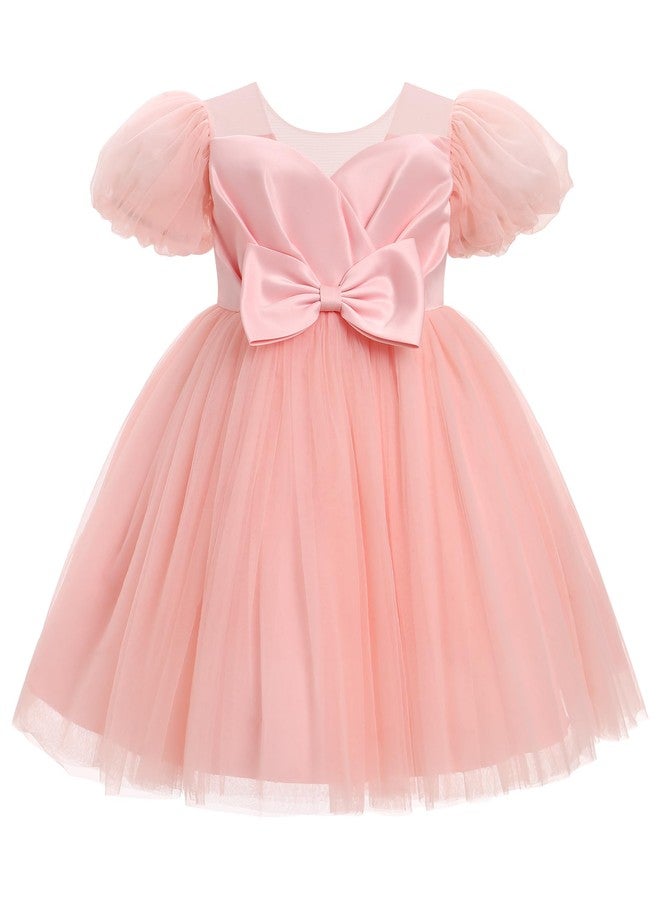 OBEEII Girls Birthday Tulle Dress Toddler Pageant Party Gown Formal Baptism Tutu Dress Short Puff Sleeve Cake Smash Photoshoot Outfit Wedding Elegant First Christening Mesh Dress Pink 3-4 Years - Image 1