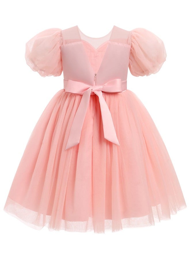 OBEEII Girls Birthday Tulle Dress Toddler Pageant Party Gown Formal Baptism Tutu Dress Short Puff Sleeve Cake Smash Photoshoot Outfit Wedding Elegant First Christening Mesh Dress Pink 3-4 Years - Image 2
