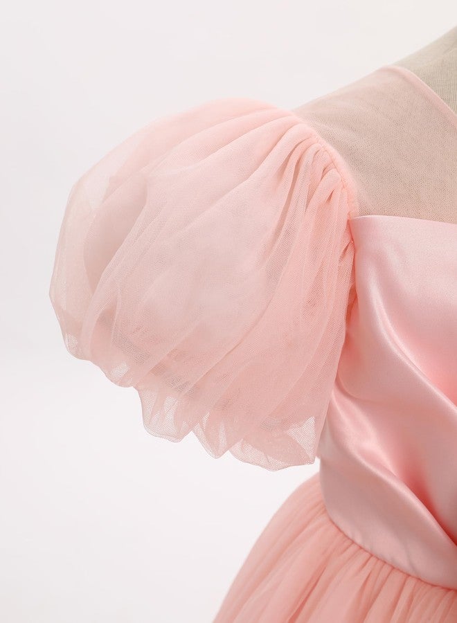 OBEEII Girls Birthday Tulle Dress Toddler Pageant Party Gown Formal Baptism Tutu Dress Short Puff Sleeve Cake Smash Photoshoot Outfit Wedding Elegant First Christening Mesh Dress Pink 3-4 Years - Image 3