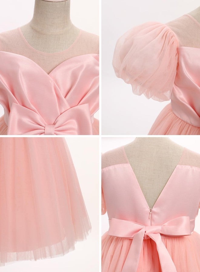 OBEEII Girls Birthday Tulle Dress Toddler Pageant Party Gown Formal Baptism Tutu Dress Short Puff Sleeve Cake Smash Photoshoot Outfit Wedding Elegant First Christening Mesh Dress Pink 3-4 Years - Image 5
