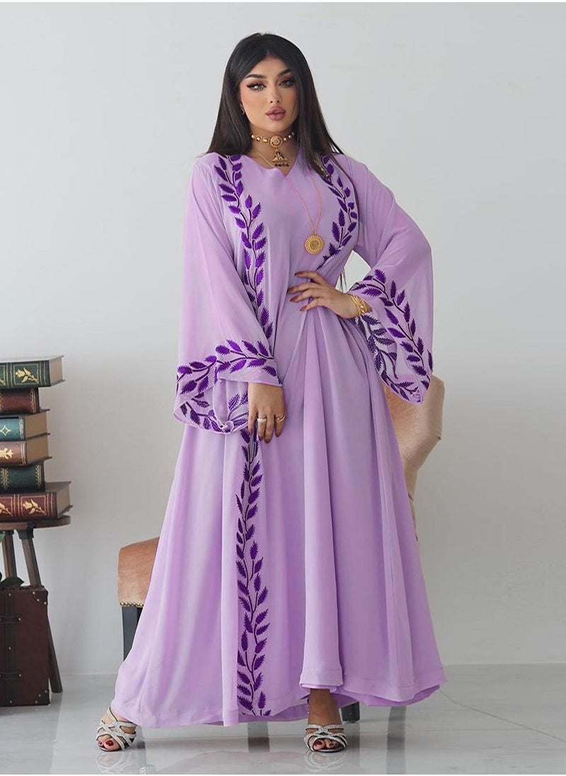 Best Gift Fashion - Fashion Chiffon Floral Embroidered Abaya With Hijab Purple Color - Image 1