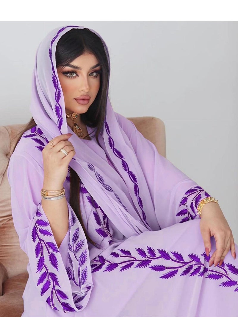 Best Gift Fashion - Fashion Chiffon Floral Embroidered Abaya With Hijab Purple Color - Image 1