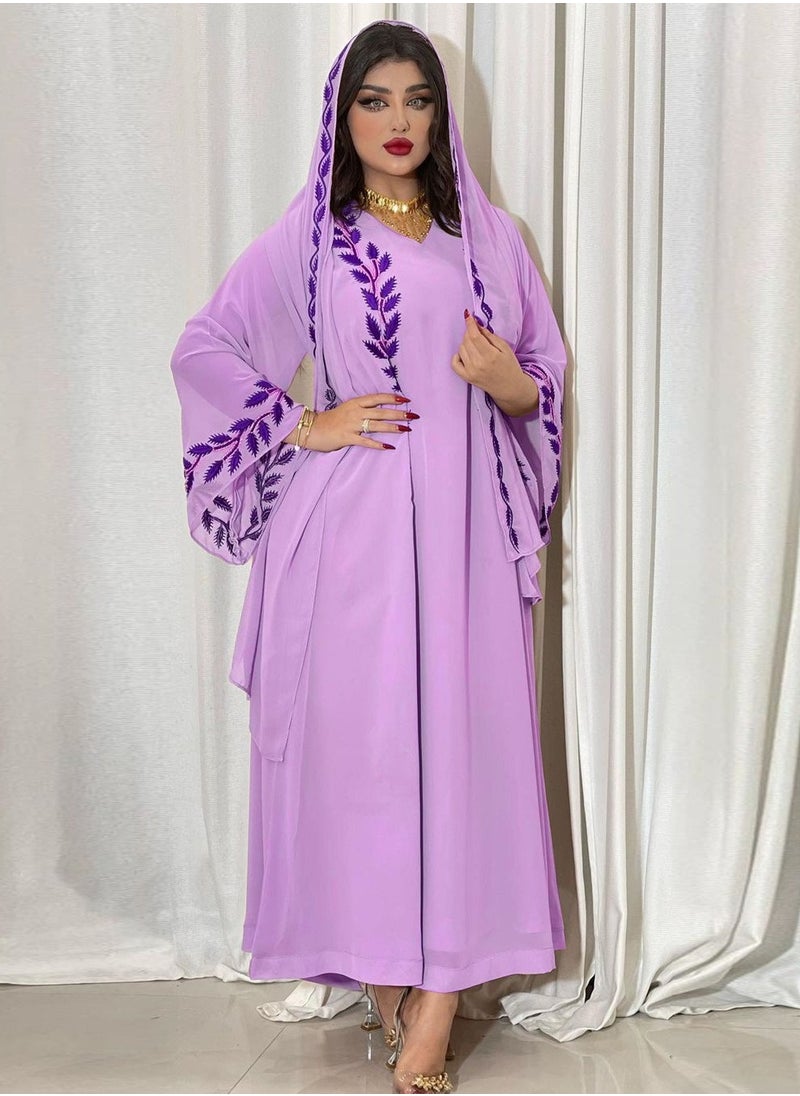 Best Gift Fashion - Fashion Chiffon Floral Embroidered Abaya With Hijab Purple Color - Image 1