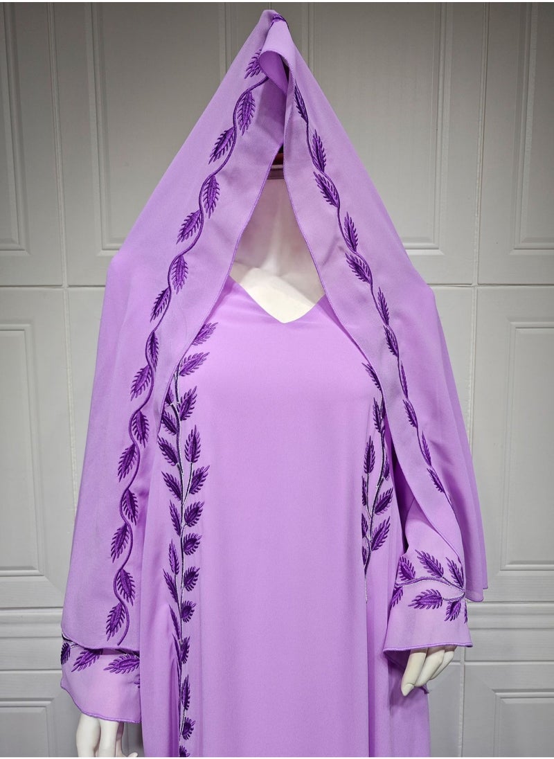 Best Gift Fashion - Fashion Chiffon Floral Embroidered Abaya With Hijab Purple Color - Image 1