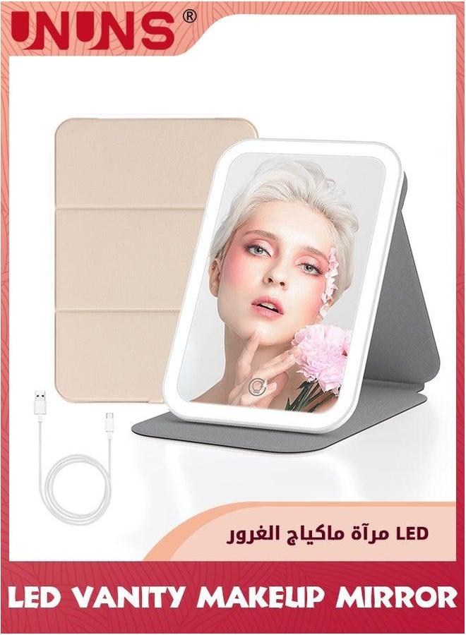 UNUNS Travel Mirrors,Portable LED Makeup Mirror,360° Rotation Touch Screen Vanity Mirror,Rechargeable Beauty Mirror,3-Color Dimmable Lighting,Compact Tabletop Folding Mirror For Home Bathroom Bedroom - Image 1