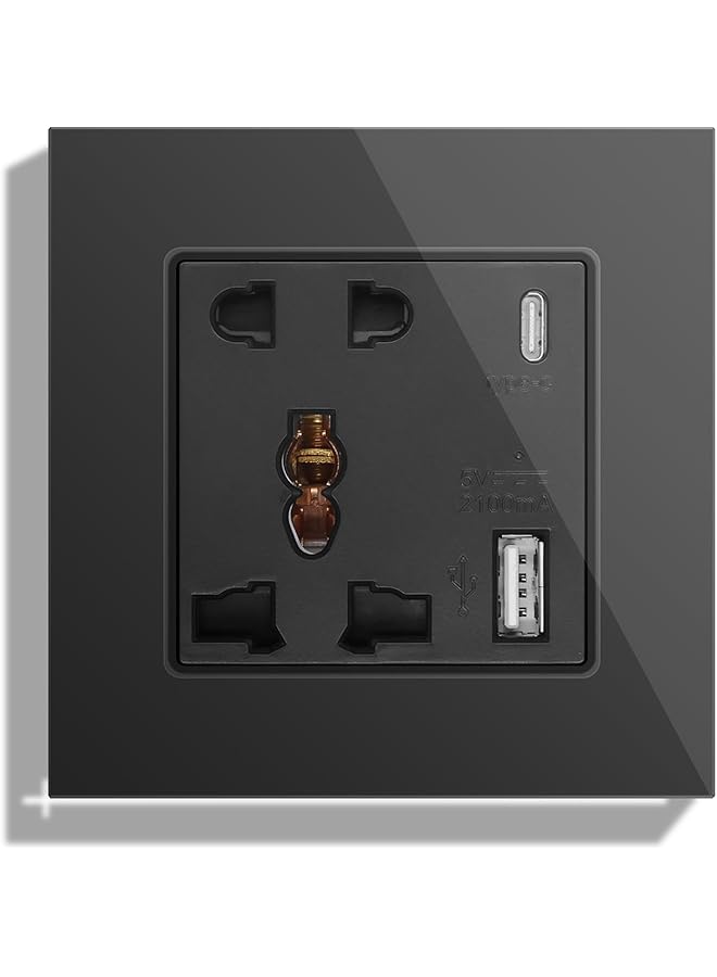 PROMASS مقبس حائط عالمي مفرد 5 دبابيس مع USB C و USB A - 1 مجموعة أسود، مقبس حائط متعدد الوظائف، مقبس طاقة مع لوحة زجاجية قابلة للتطبيق لأكثر من 180 دولة نوع القابس (بدون مفتاح) - Image 1