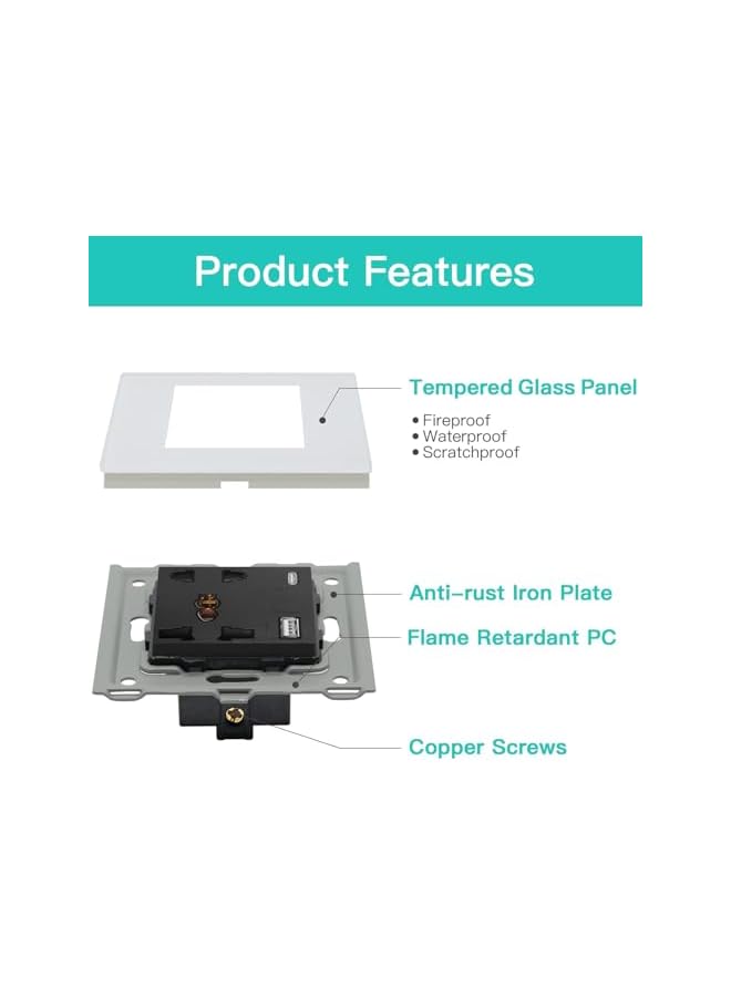 PROMASS مقبس حائط عالمي مفرد 5 دبابيس مع USB C و USB A - 1 مجموعة أسود، مقبس حائط متعدد الوظائف، مقبس طاقة مع لوحة زجاجية قابلة للتطبيق لأكثر من 180 دولة نوع القابس (بدون مفتاح) - Image 2