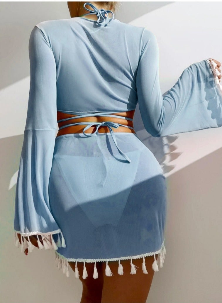 قميص نسائي بتصميم أربعة قطع من الألوان الصلبة، مع حزام معدني وسروال قصير مصنوع من القماش المخمر، وملابس سباحة بيكيني للنساء - Image 4
