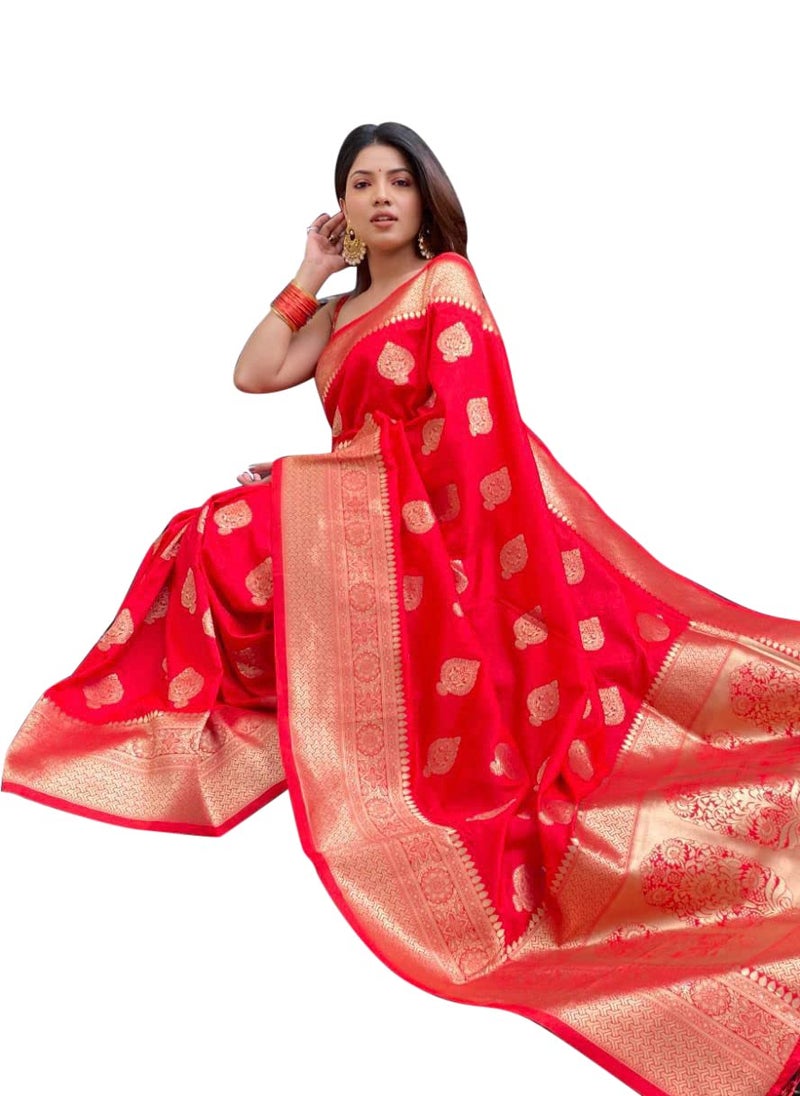 shiv textiles شيف تيكستايلز ساري بناراسي من الحرير للنساء مع بلوزة غير مخيطة (أحمر) - Image 4