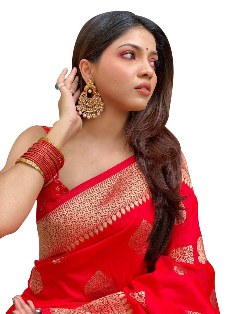 shiv textiles شيف تيكستايلز ساري بناراسي من الحرير للنساء مع بلوزة غير مخيطة (أحمر) - Image 1
