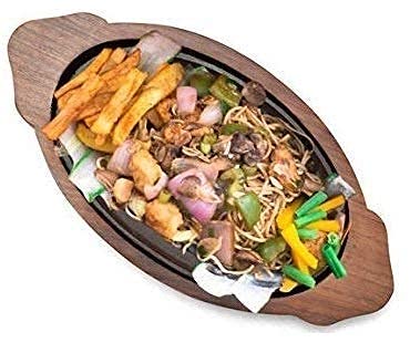 Artistic Serving Plate with Wooden Base and Iron Tray for Sizzlers, Tikkas, Kebabs and More, 13inch by 7inch, Set of 2 - Image 2