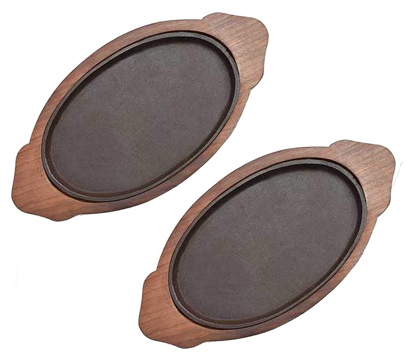 Artistic Serving Plate with Wooden Base and Iron Tray for Sizzlers, Tikkas, Kebabs and More, 13inch by 7inch, Set of 2 - Image 1