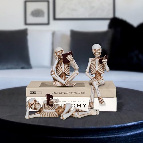 Dlfghos 3 Pieces Halloween Skeleton Statue Halloween Skull Figurine Home Decor Reading Skeleton Figurines Decorations for Indoor Fireplace Home Kitchen Desk Office Party - Image 3