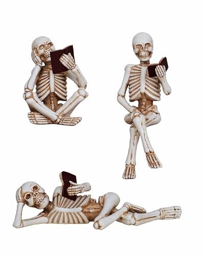 Dlfghos 3 Pieces Halloween Skeleton Statue Halloween Skull Figurine Home Decor Reading Skeleton Figurines Decorations for Indoor Fireplace Home Kitchen Desk Office Party - Image 1