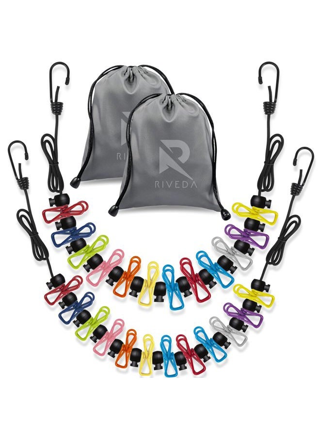 RIVEDA 2 Pack Travel Clotheslines with 12 Colorful Clips Each & 2 Bags, Elastic RV & Camping Clothes Line for Indoor Laundry Drying Line & Outdoor Camping Accessories - Image 1