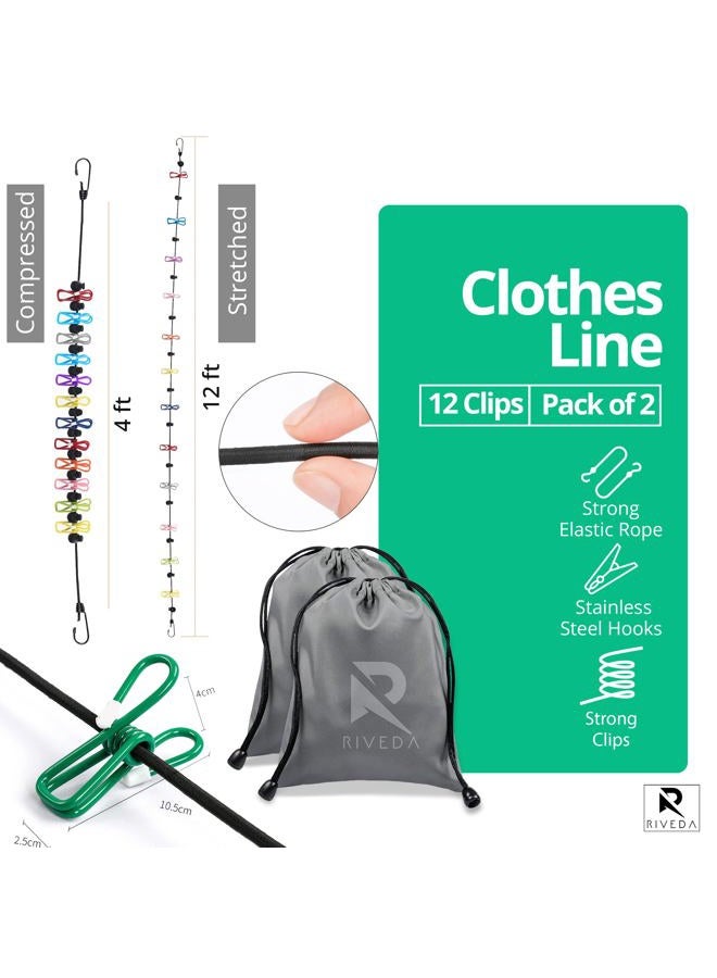 RIVEDA 2 Pack Travel Clotheslines with 12 Colorful Clips Each & 2 Bags, Elastic RV & Camping Clothes Line for Indoor Laundry Drying Line & Outdoor Camping Accessories - Image 2
