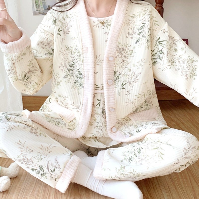 Postpartum Nursing Pajama Set Autumn 8821 painting leaf three-piece set