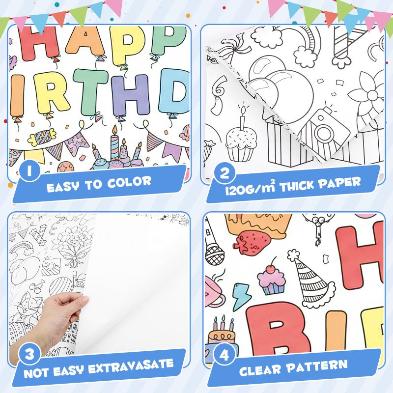 NatNarr Happy Birthday Giant Coloring Poster/Tablecloth, 30 x 72 Inch Birthday Craft for Kids Art Crafts Paper Banner Kid Games Activities,Coloring Tablecloth Crafts for Classroom Wall School Home Parties - Image 3