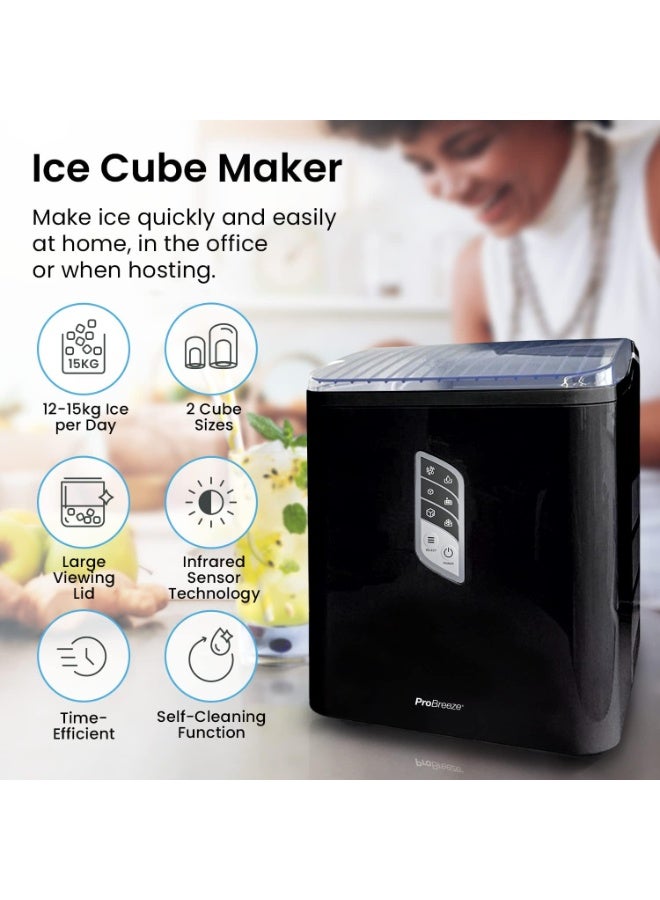 Pro Breeze Ice Maker Machine, Large Countertop Automatic Ice Maker with Ice Scoop, 15kg Compact Self-Cleaning Clear in 6-9 Mins, 2 Sizes of Bullet Ice for Home/Kitchen/Bar/Party - Black - Image 2