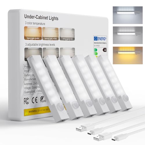 Rihvy Under Cabinet Lighting 4 Inches Rechargeable Motion Sensor Light Indoor 3 Color Dimmable Closet Light Battery Operated USB Stick on LED Magnetic Under Counter Lights for Kitchen Stair 6 Packs - Image 1
