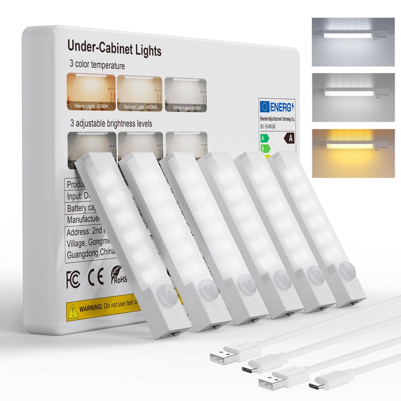 Rihvy Under Cabinet Lighting 4 Inches Rechargeable Motion Sensor Light Indoor 3 Color Dimmable Closet Light Battery Operated USB Stick on LED Magnetic Under Counter Lights for Kitchen Stair 6 Packs - Image 2