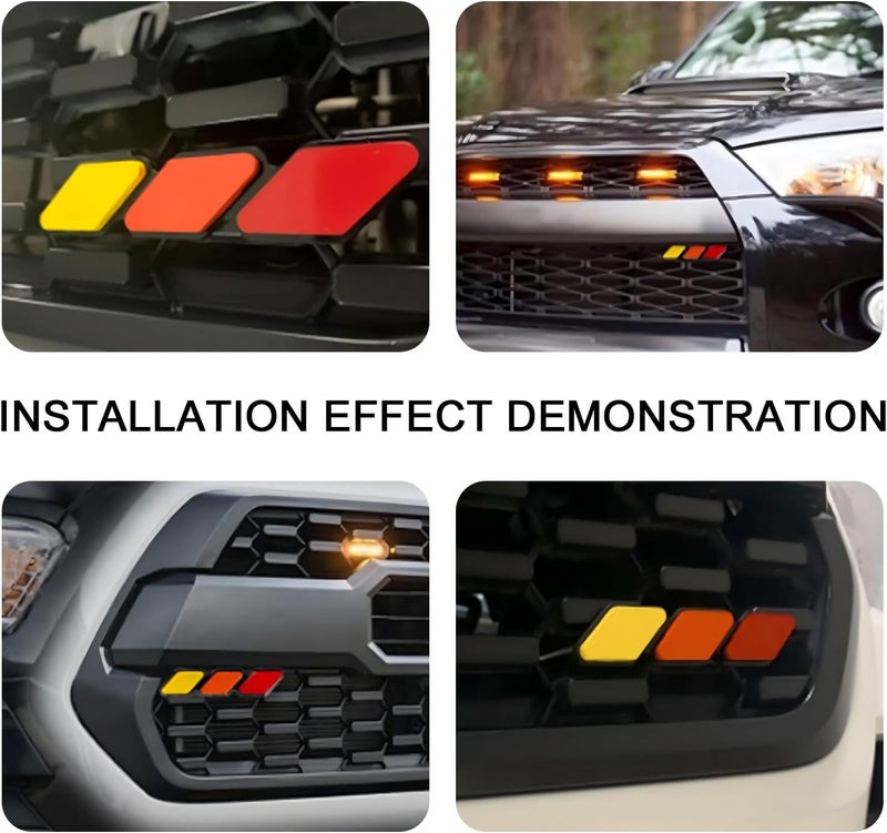 Neferta 1 PC Car Front Grille Badge, 4.7" x 0.98" Three-Color Personalized Diamond-Shaped Decoration, ABS Anti-Rust Center Mesh Sign, Compatible with 4Runner Tacoma Tundra (Red & Orange & Yellow) Economical upgraded quality - Image 5