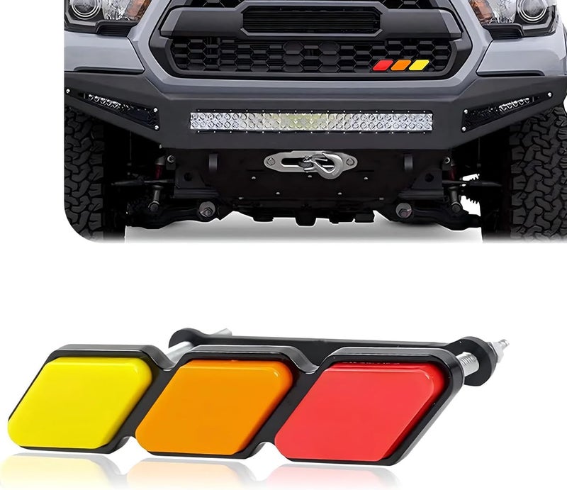Neferta 1 PC Car Front Grille Badge, 4.7" x 0.98" Three-Color Personalized Diamond-Shaped Decoration, ABS Anti-Rust Center Mesh Sign, Compatible with 4Runner Tacoma Tundra (Red & Orange & Yellow) Economical upgraded quality - Image 1