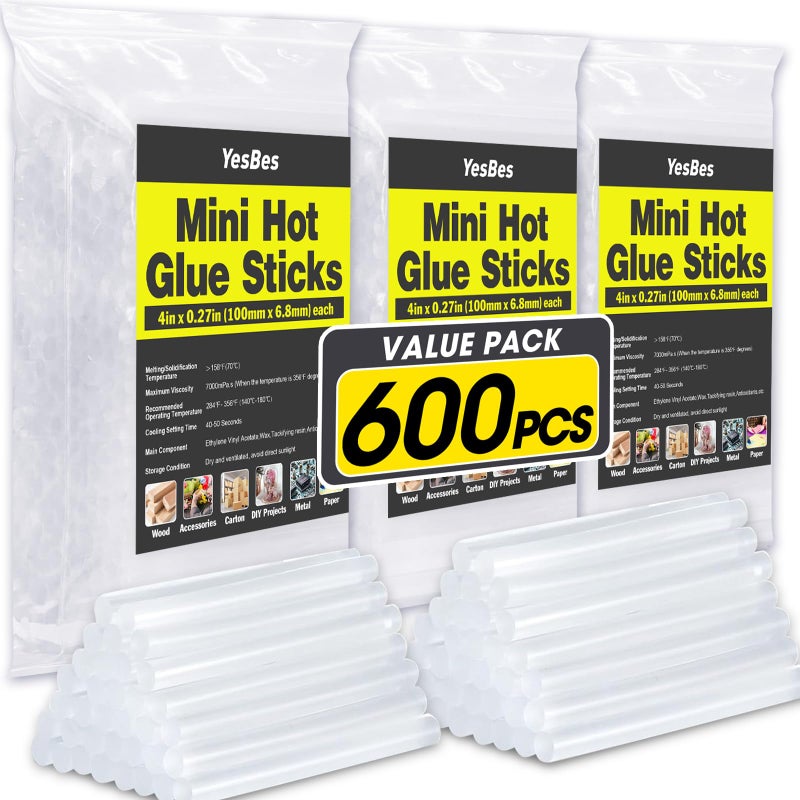 YesBes 600 Pack Mini Hot Glue Sticks, 4" Long x 0.27" Diameter Glue Sticks for Mini Glue Guns, Multipurpose for Wood, Metal, Glass, Plastic, Floral, Fabric, Leather, Foam, Floral - Image 1
