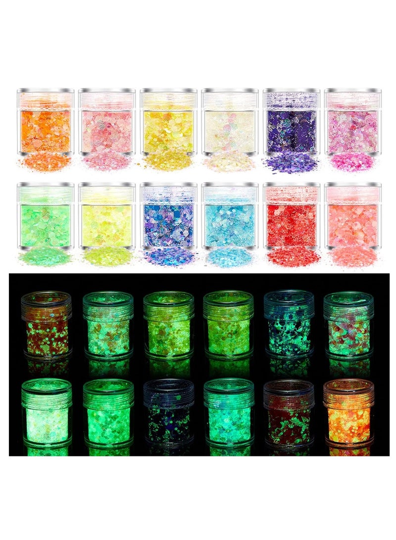 SYOSI مجموعة لامعة تتلألأ في الظلام - 12 زجاجة من اللمعان السميك للوجه، الجسم، الشعر، والأظافر لفن DIY وزينة مكياج احتفالية، تزيين حفلات تجميلية - Image 1