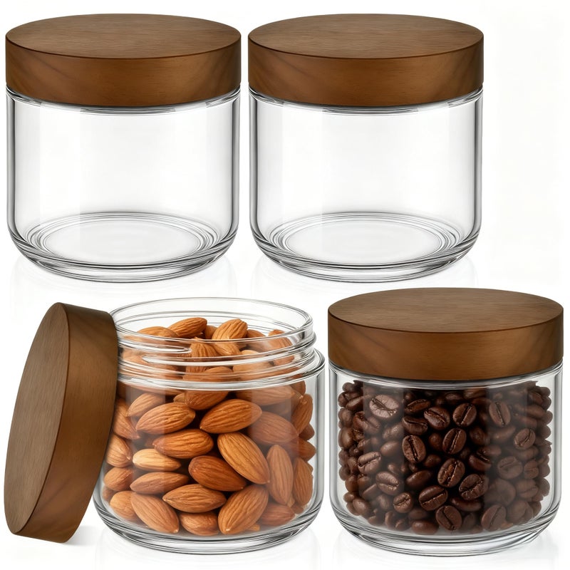Bumobum 8 oz Glass Mason Jars with Lids, Small Glass Container with Acacia Wood Airtight Lid, Wide Mouth Canisters for Chia Pudding Loose Tea Coffee Salad Snacks Yogurt Spice, 4-Pack - Image 1