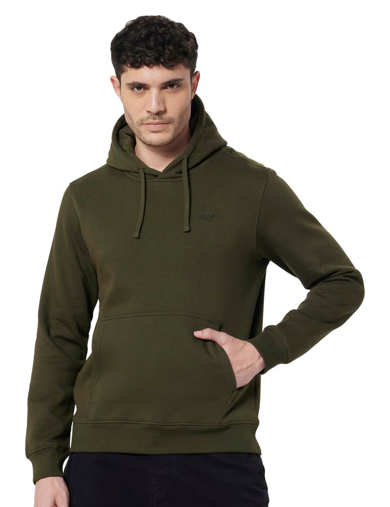 Wildcraft Men Sierra Solid Cotton Blend Hooded Casual Sweatshirt, Full Sleeve - Regular fit, Olive Green, Extra Large - Image 1