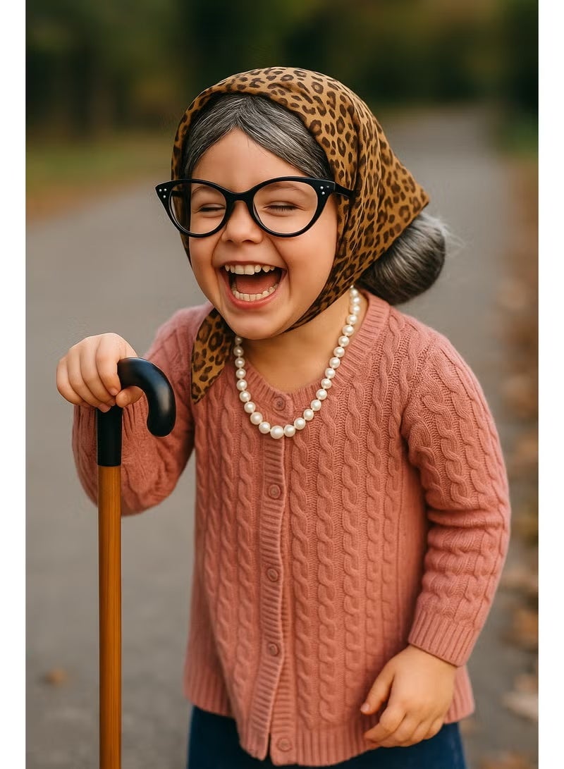 SYOSI 100 Days of School Old Lady Wig Cosplay Set, Halloween Granny Costume Party Wigs with Glasses, Chain, Necklace, Headscarf, walking stick,Bracelet Dress Up Costume Cosplay Supplies(7Pcs) - Image 3